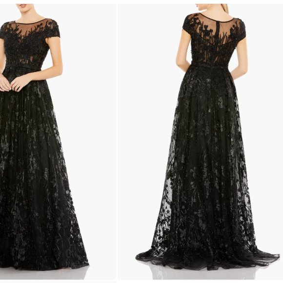 MAC DUGGAL EMBELLISHED FLORAL CAP SLEEVE A-LINE BLACK GOWN sz 16 - Picture 2 of 5